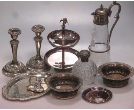 A silver capped cut glass scent bottle (early 20th century), a plated-mount glass claret jug, a pair of plated coasters, Chri