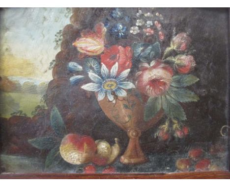 Small still life of urn of flowers, oil on leather panel, 11 x 14.5 cm