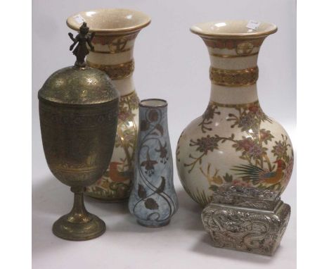 A pair Japanese 'Satsuma' vases, early 20th century, a Japanese silvered metal tea caddy c1910, an Indo-Burmese brass cup ear