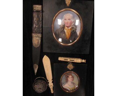 Two portrait miniatures in typical black frames, 19th century, a Scottish Skean Dhu knife, bone letter opener, etc