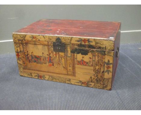 A Chinese painted trunk 30.5 x 73.5 x 45.5cm