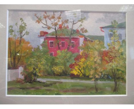 Two views, one of a church, the other of buildings, oil on panel (2)