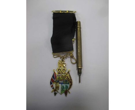 An 18ct and enamel fob pendant together with a propelling pencil by Mordan &amp; Co (2)