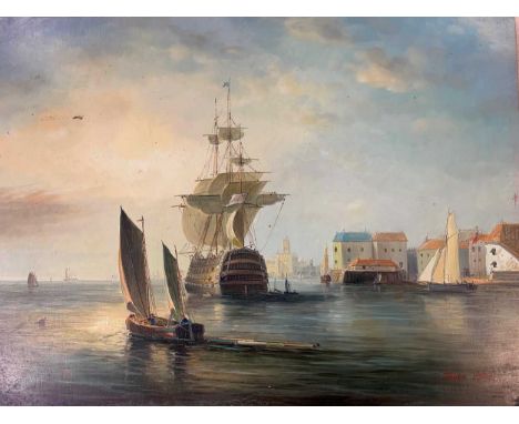A Man-of-War in harbour, a rowing boat alongside, signed lower right "James Hardy", oil on panel, unframed, 31 x 41cmConditio