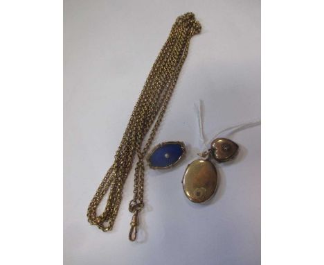 An enamel and pearl brooch, together with two lockets and a gilt metal guard chain (4)
