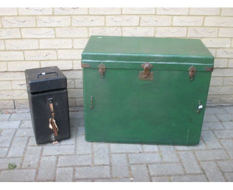 A green leather trunk 59 x 70 x 45cm together a small black container 42 x 29 x 21cm
