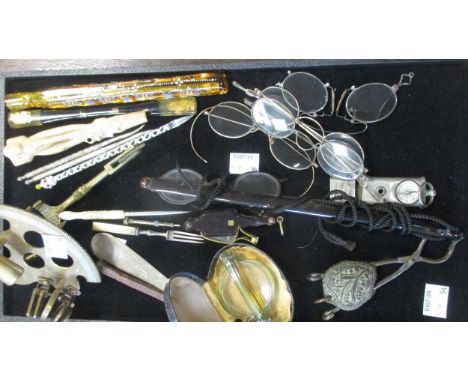 A small collection of vintage lorgnettes, an amber glass scent bottle, an Acme Girl Guides whistle with integral compass etc.