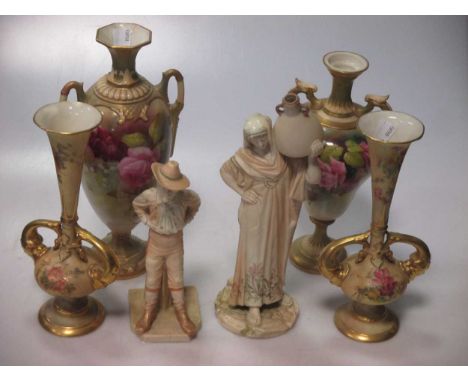 Royal Worcester, four various 'blush ivory' body urns or vases, and two figures