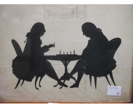A silhouette of two 18th Century gentlemen playing chess, together with four portrait silhouettes (4)