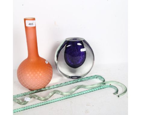 A satin glass vase, 30cm, 3 glass twist ornamental walking sticks, and a heavy Art glass vase 