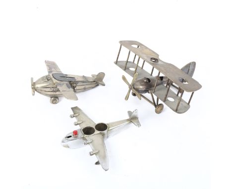 3 Art Deco nickel plate novelty model aircraft, bi-plane wingspan 22cm (3) 