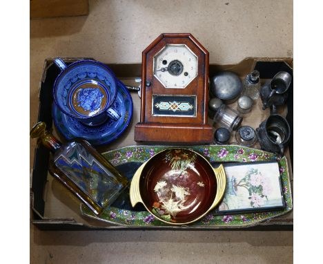 A decanter, a clock, dressing table items etc 