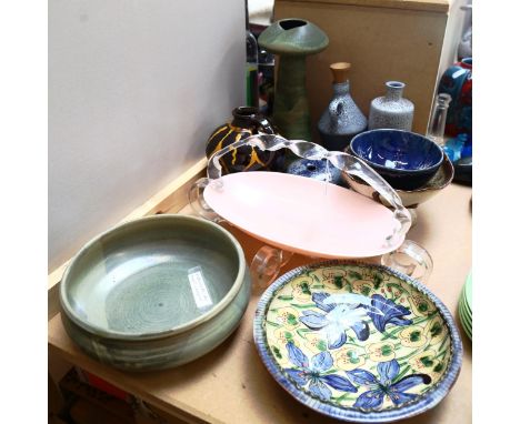 Art pottery vase signed Petra, 27cm, Studio bowls and vases, and a Vintage plastic basket 