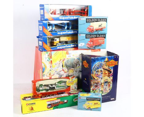 3 Corgi Superhaulers, 3 Golden Oldies vans, and various circus vehicles, boxed 