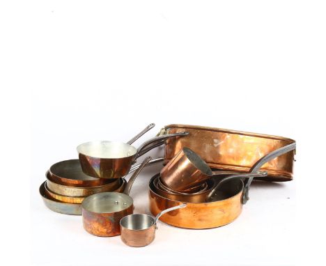 Various copper saucepans and frying pans, and a 2-handled copper planter 