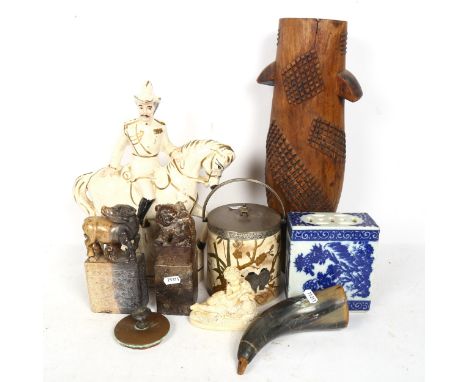 2 Chinese animal figure stone seals, height 17.5cm, a carved wood vase, Old Hall jar with silver plated cover and swing handl