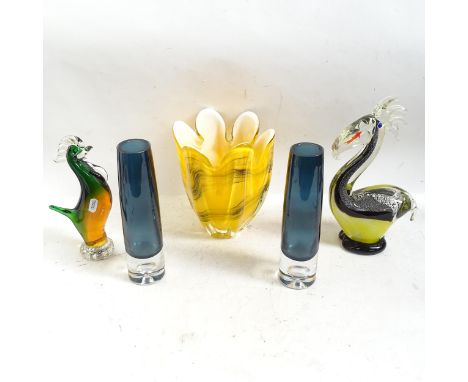 A pair of blue glass vases, 23.5cm, an Art glass vase, a cockerel, and a Murano glass bird