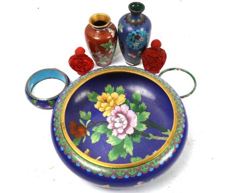 Cloisonne vases, tallest 12cm, bowl and bangle, and 2 signed snuff bottles 