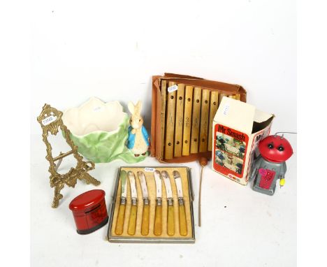 Boxed Mr Smash figure, brass table easel, xylophone etc 