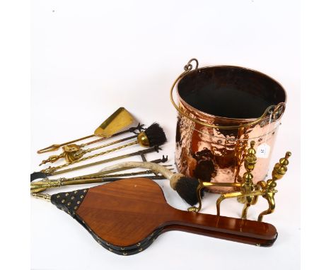 A Victorian copper and brass cylinder coal bucket, and various fireside tools 