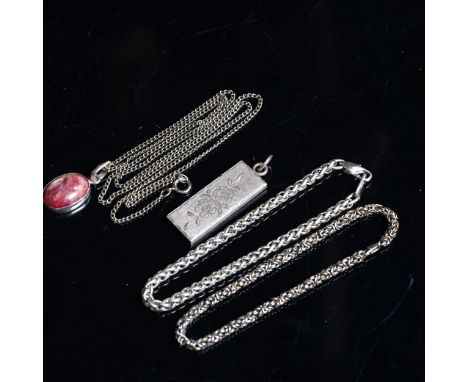 A silver and ruby matrix set pendant necklace, 2 silver bracelets etc 