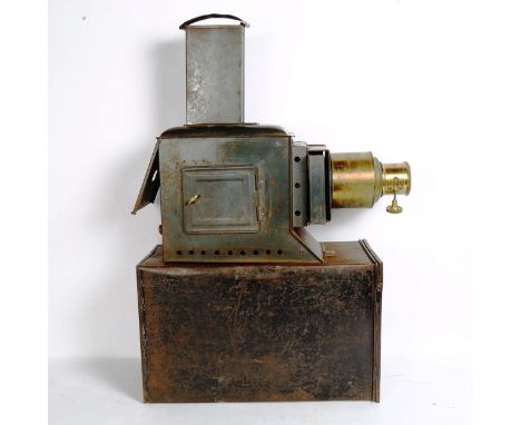 A tinplate magic lantern, in aluminium carrying case 
