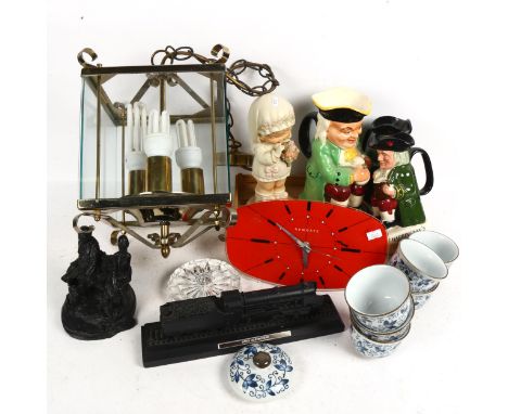 Lantern, wall clock, Toby jugs etc 