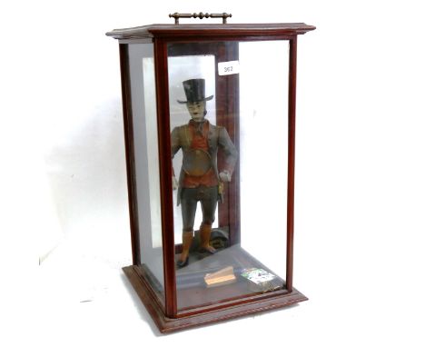 A table-top mahogany-cased glass display cabinet, with German figural clock seller novelty clock, case height 53cm 