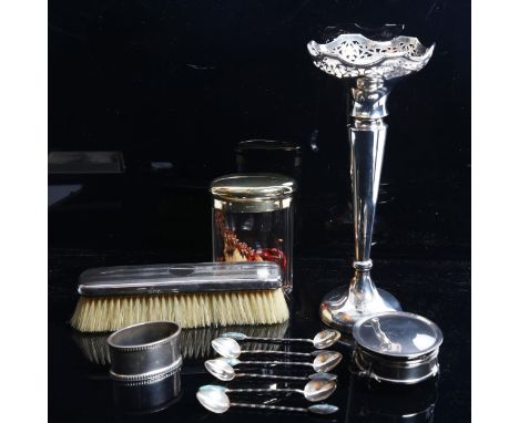 Various silver and plate, including trumpet bud vase, dressing table jewel box, napkin ring, Mappin &amp; Webb brush etc 