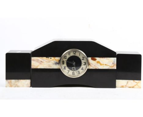 Art Deco 3-piece clock garniture, with coloured marble mounts, height 20cm, with key 