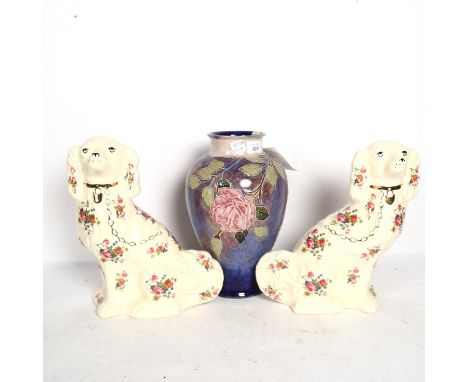 Royal Doulton Art Nouveau tube-lined vase, by Letitia Rosevear, 30cm, and a pair of Staffordshire Spaniels 