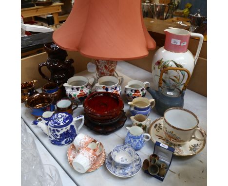 Table lamp and shade, wash jug, Oriental carved wood stands etc 