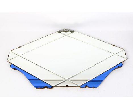 An Art Deco blue and clear glass bevel-edge wall mirror, 40cm x 70cm 