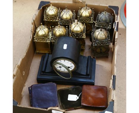 8 miniature brass lantern clocks, slate drum mantel clock etc 