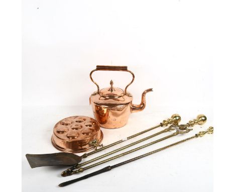 Various copper and brass, including spirit kettle, fireside tools etc 