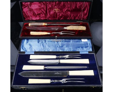 JOSEPH ROGERS &amp; SONS - a 5-piece ivorine-handled carving set, in fitted case, and ABRAHAM BROOKSBANK - a horn-handled 3-p