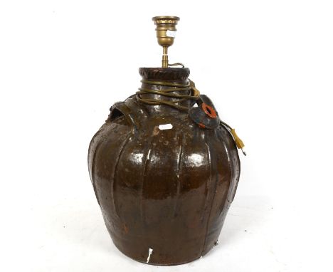 A large Studio pottery wine flagon table lamp, height 40cm (spout A/F) 