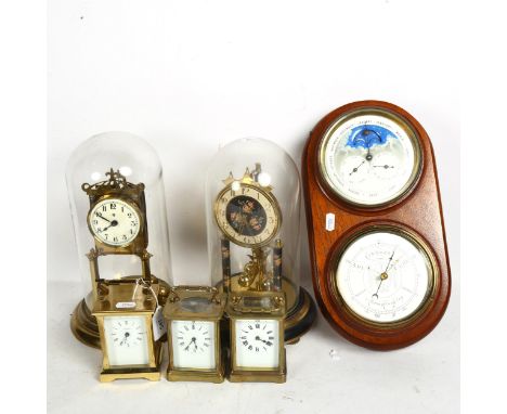 A barometer, 3 carriage clocks, and 2 x 400-day clocks with glass domes, tallest 30cm 