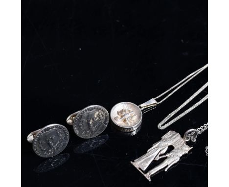HANS CHRISTIAN ANDERSEN - a pair of silver cufflinks with portrait design, an Egyptian Revival silver necklace, and another 