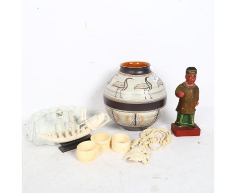 An Art pottery vase signed Muiller, 15cm, a Vintage jelly mould, a carved wood figure etc 
