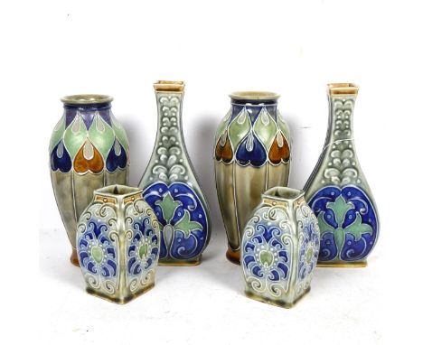 3 pairs of Royal Doulton tube-lined Art Nouveau vases, tallest 22cm, some damage 