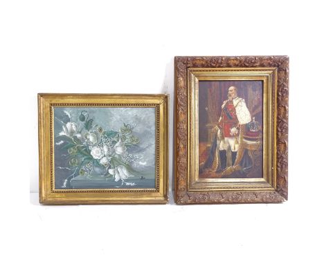 Oil on board, full-length portrait of King Edward VII, unsigned, framed, overall 41cm x 31cm 