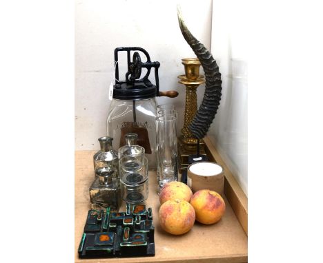 Abstract pottery tile, candlesticks, dazey churn etc 