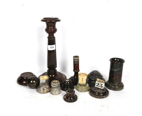 A group of Serpentine Ware marble, including a candlestick, 28cm, compasses, calendars etc 
