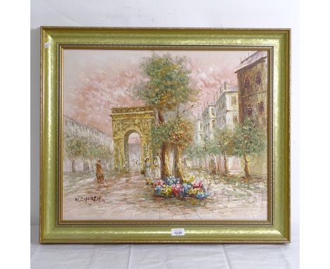 M Church, impressionist oil on canvas, Parisian street scene, signed, framed, overall 62cm x 72cm 