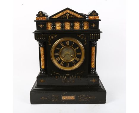 A large slate and marble architectural 8-day mantel clock, Roman numeral hour markers, with column pillar supports, height 47