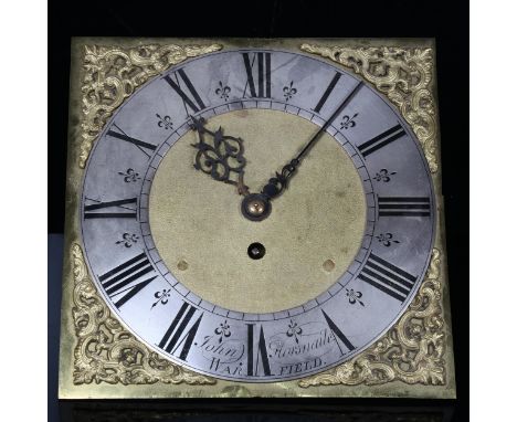 John Horsnaile of Warfield brass longcase clock dial and movement, backplate no. 16430, width 25cm 