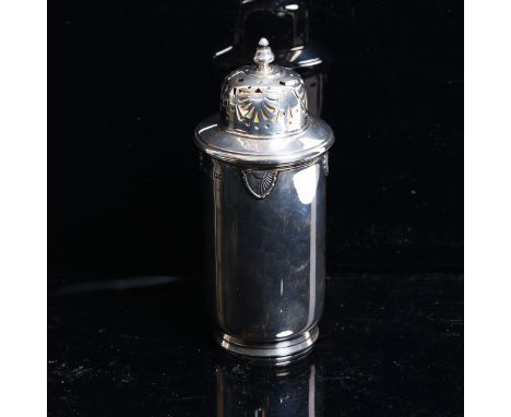 A George V Art Deco silver sugar caster, cylindrical form with relief embossed shell design, by Fenton, Russell &amp; Co Ltd,