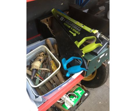 2 boxes of woodworking tools including planes, saws, etc 