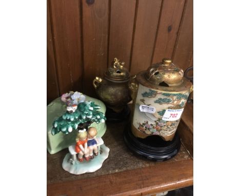 A mixed lot of pottery including two pieces of Japanese Satsuma, a Sylvac bowl and cover and A Goebel figure. 